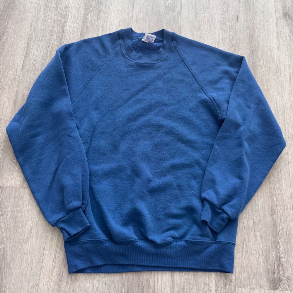 Vintage 80's Jerzees Sweatshirt Mens Medium Blue Blank Raglan Crewneck Made USA